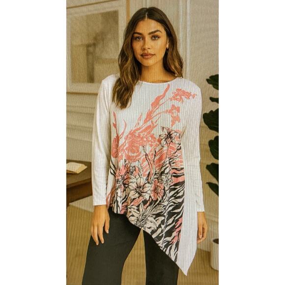 Chico's women's 3 XL White Pink Long Sleeves Asymmetrical Slit Side Top easywear - Picture 1 of 11